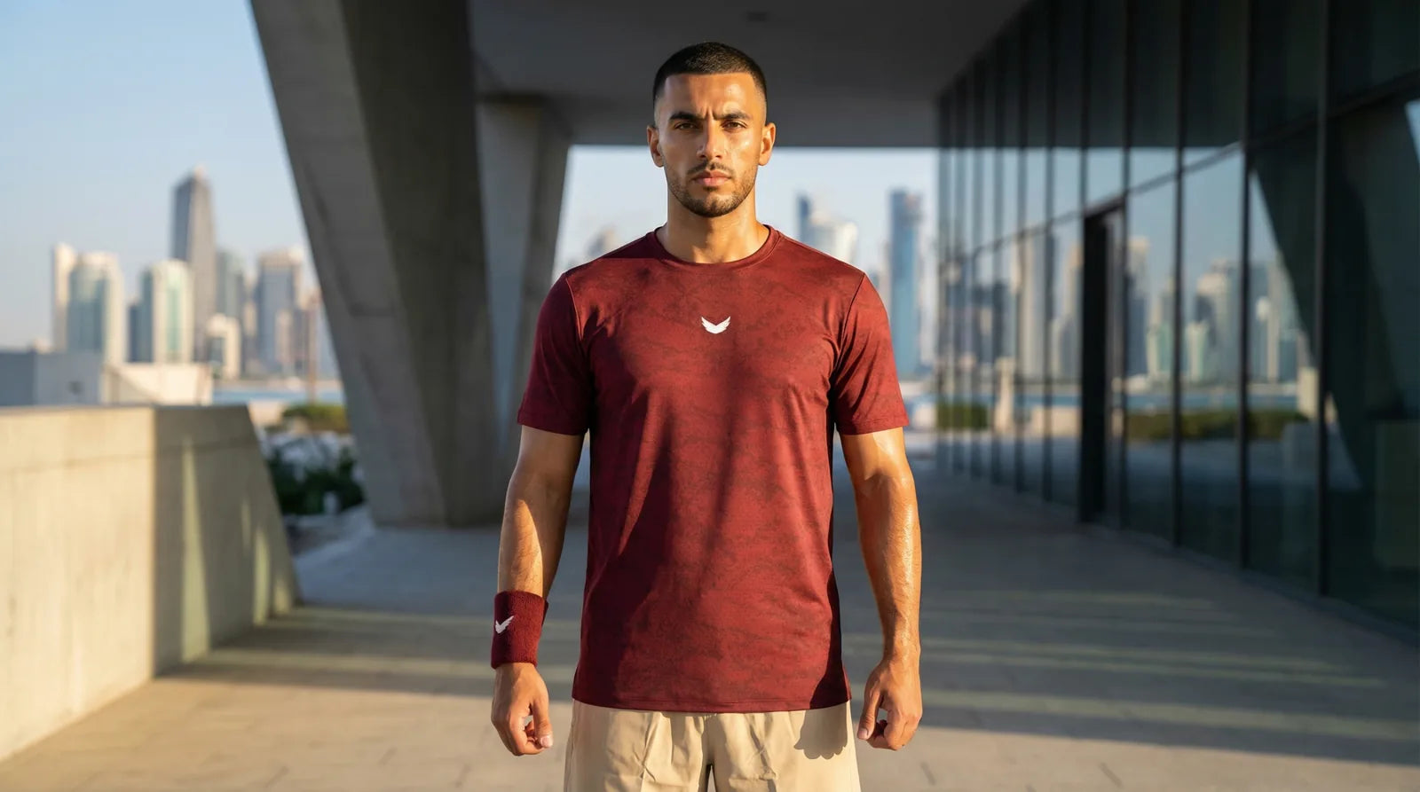Athlete in a maroon Wings T-shirt and wristband on a sunlit terrace, with a city skyline behind him